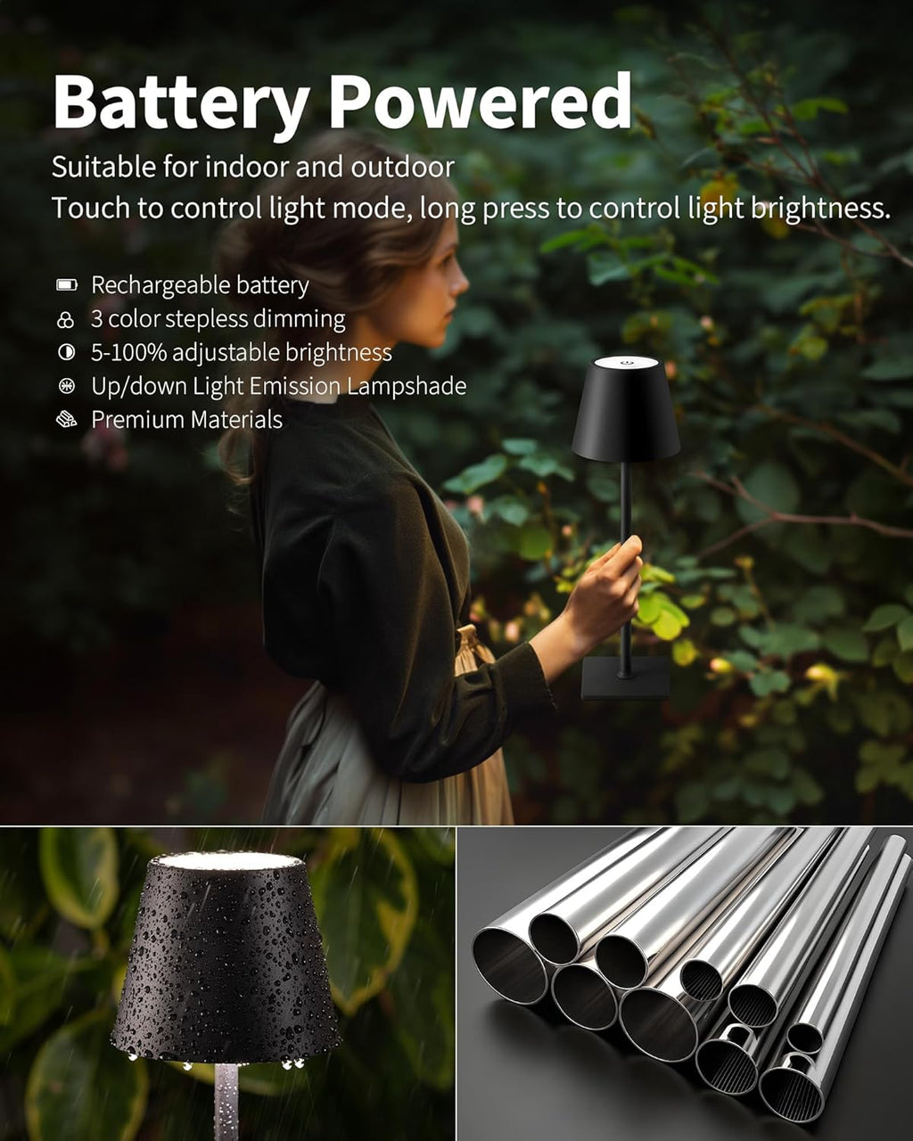 KDG Cordless Black Table Lamp, Portable Desk Lamp, 5000mAh Battery Operated