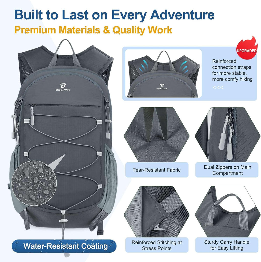 BECOJADDE Hiking Backpack 20L Small Backpack Packable Day pack Water Resistant Lightweight Travel Backpack for Women Men with Shoulder Strap Pockets for Hiking Camping Outdoor, Grey