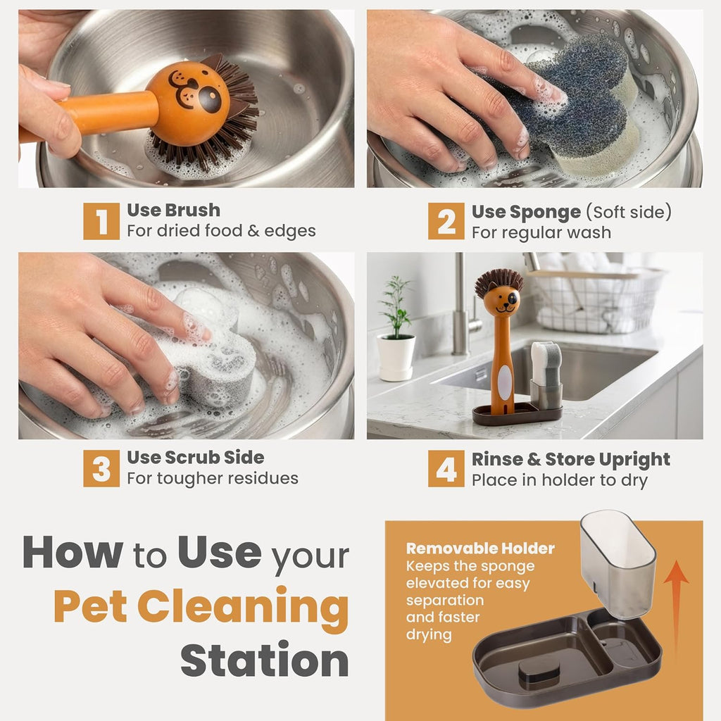 Pet Bowl Cleaner Set with Dog Bowl Brush, Dog Sponge, Holder & Drain Tray