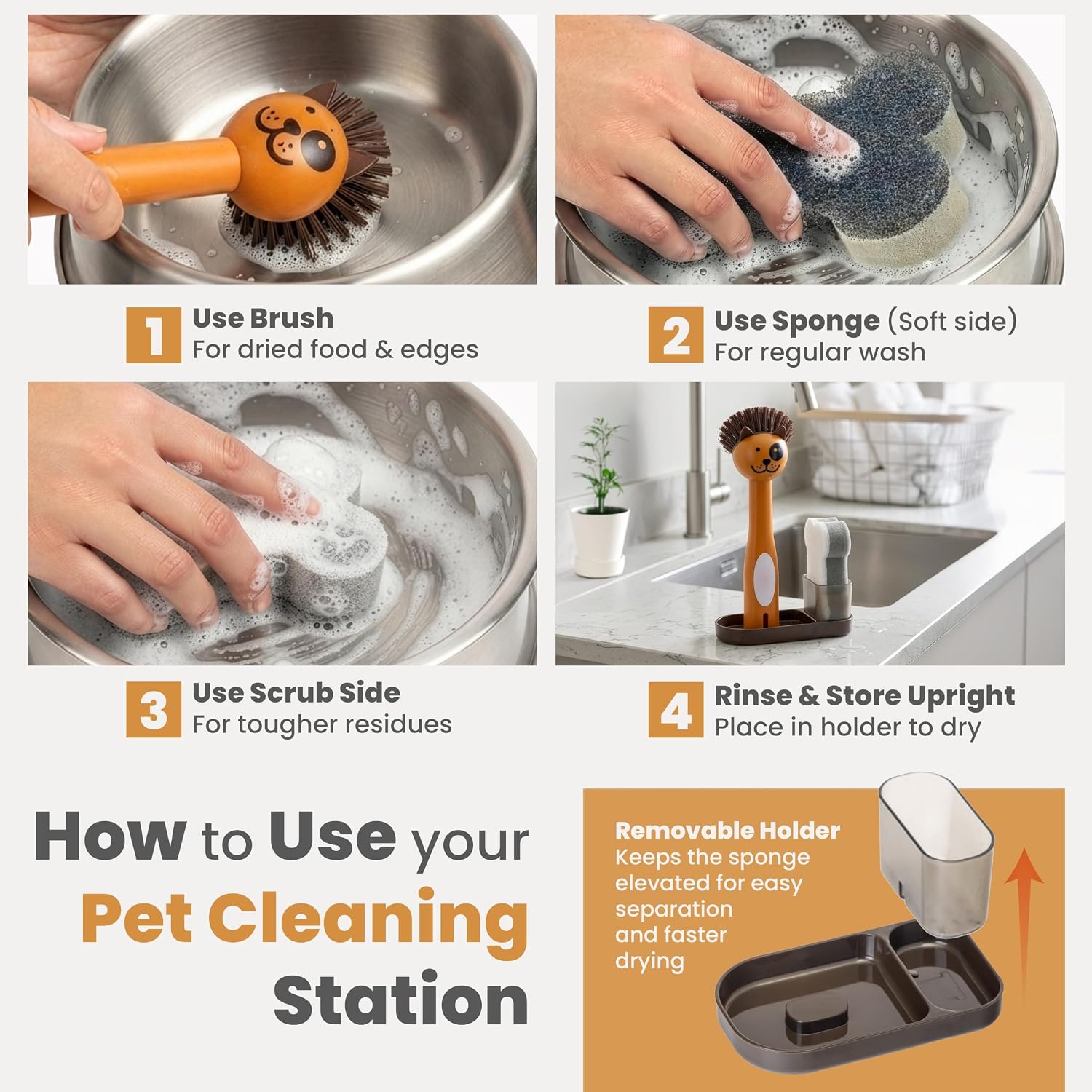 Pet Bowl Cleaner Set with Dog Bowl Brush, Dog Sponge, Holder & Drain Tray