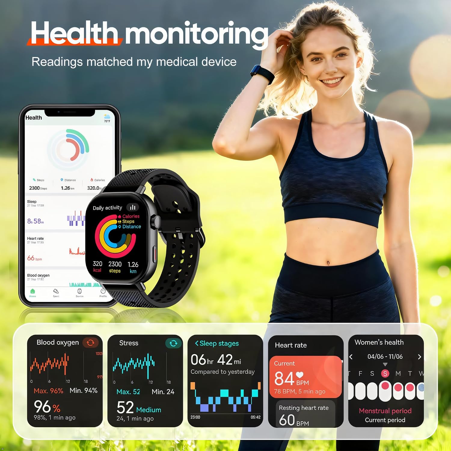 2026 Distance & Pace GPS Running Watch for Runners - Call & Text, AMOLED Large Screen, 50m Waterproof Swimming, Calorie & Step Counter, 2 Bands, Long Battery, for Seniors Men Women (Black)