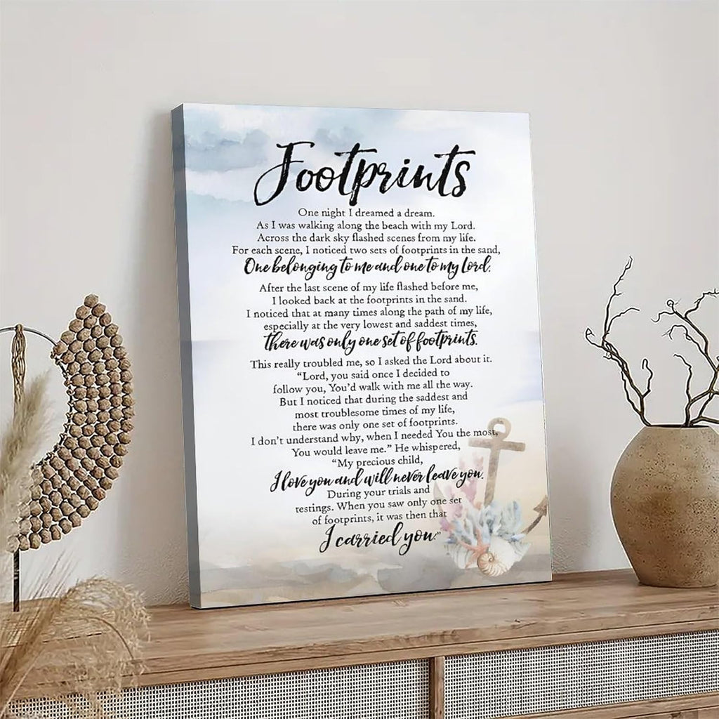 Footprints in the Sand Religious Canvas Wall Art Posters, Inspirational Beach Sunset Poem Print Poster (Framed 16x24inch, Footprints(6))