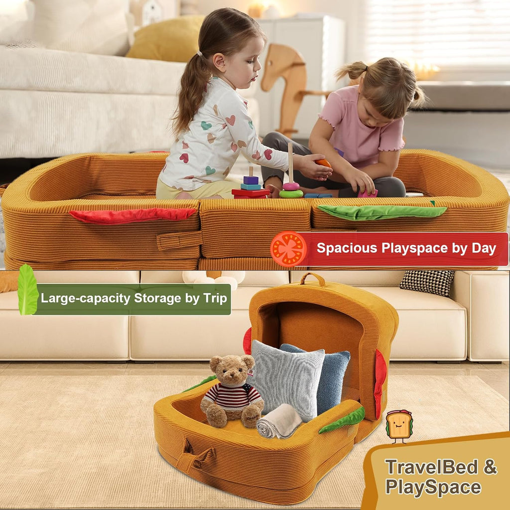Toddler Travel Bed Sandwich Style - Portable Toddlers Floor Beds, Foldable Soft Foam Travel Bed for Baby and Kid, Washable Cover Toddler Cot with Safety Rail for Travel, Home/Travel Sleep