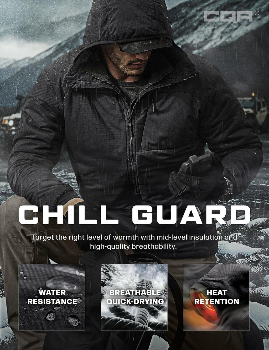 CQR Men's Lightweight Warm Insulated Jacket, Windproof Water Resistant Winter Active Coat for Hiking Work Outdoor Tactical