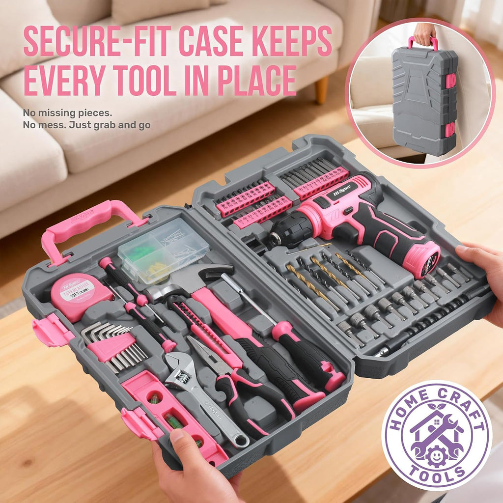 Hi-Spec Tool Set with 8V Drill Set Home DIY Repair & Maintenance, Pink