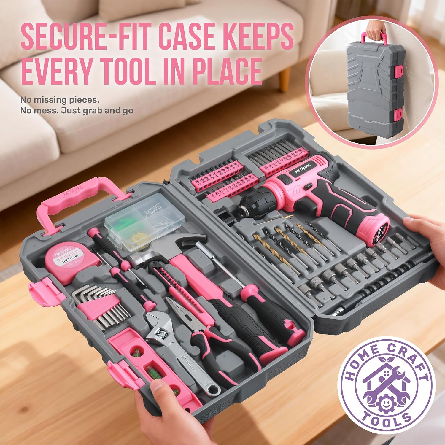 Hi-Spec Tool Set with 8V Drill Set Home DIY Repair & Maintenance, Pink