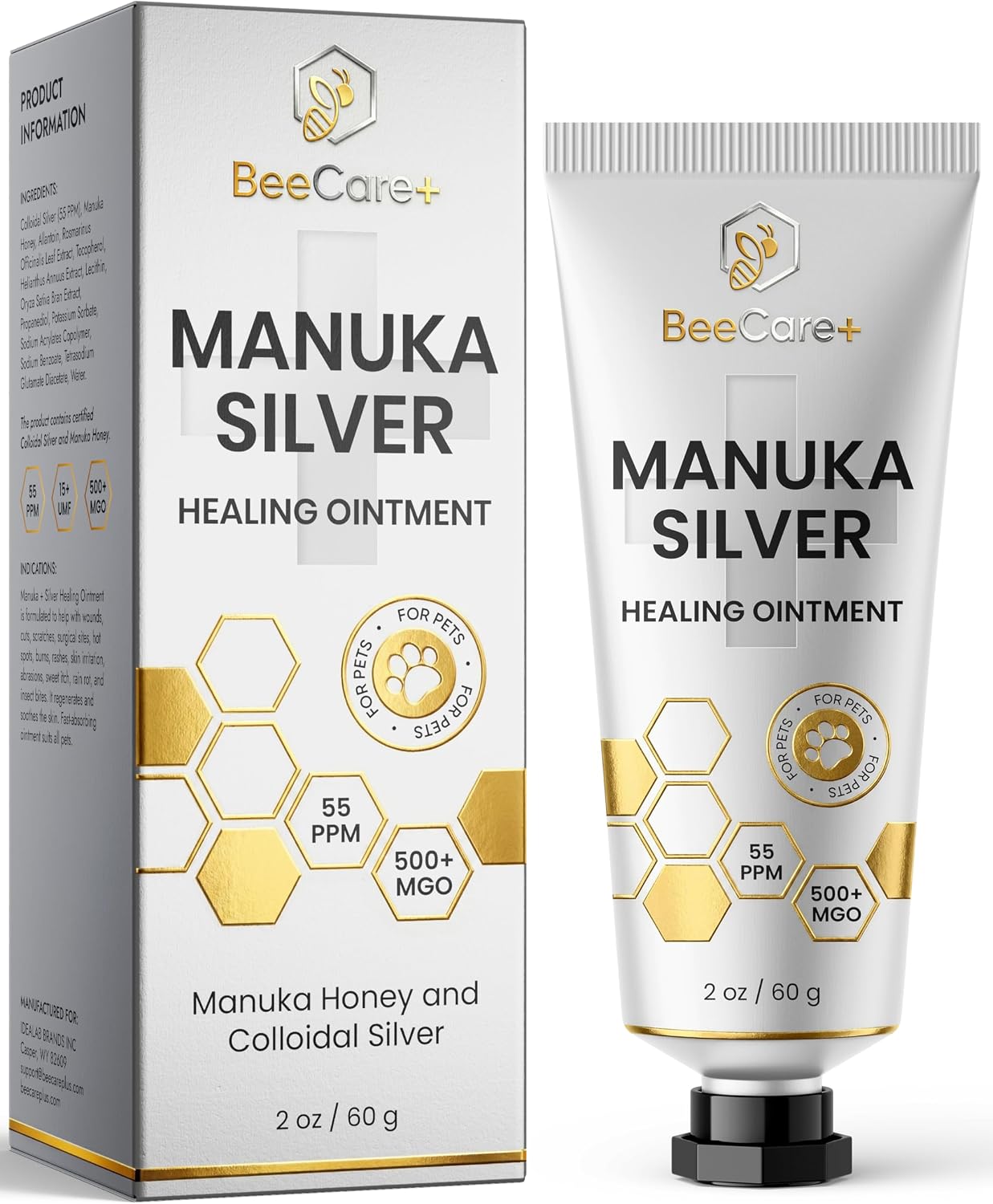 Manuka Honey Ointment 500+ MGO – Dog Hot Spot Treatment for Scratches, Burns, Irritations – Cat Wound Care with 55-PPM Colloidal Silver for Dogs – Manuka + Silver Healing Ointment in a 2-oz Tube