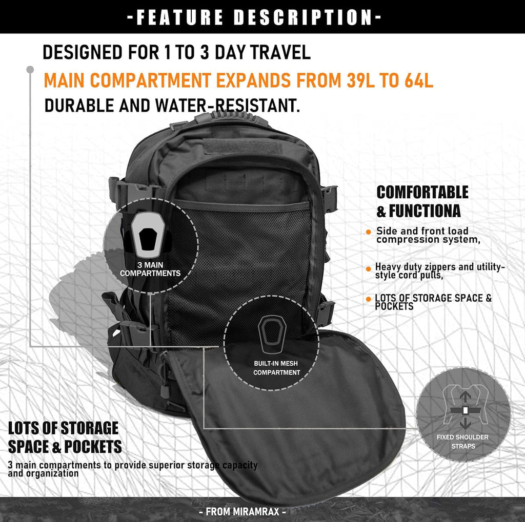 Miramrax Tactical Backpack Military Army Daypack - Assault Pack for Men Molle Backpacks Bug Out Bag 3 Day Pack for Hiking Camping Travel Hunting Rucksack Trekking Black