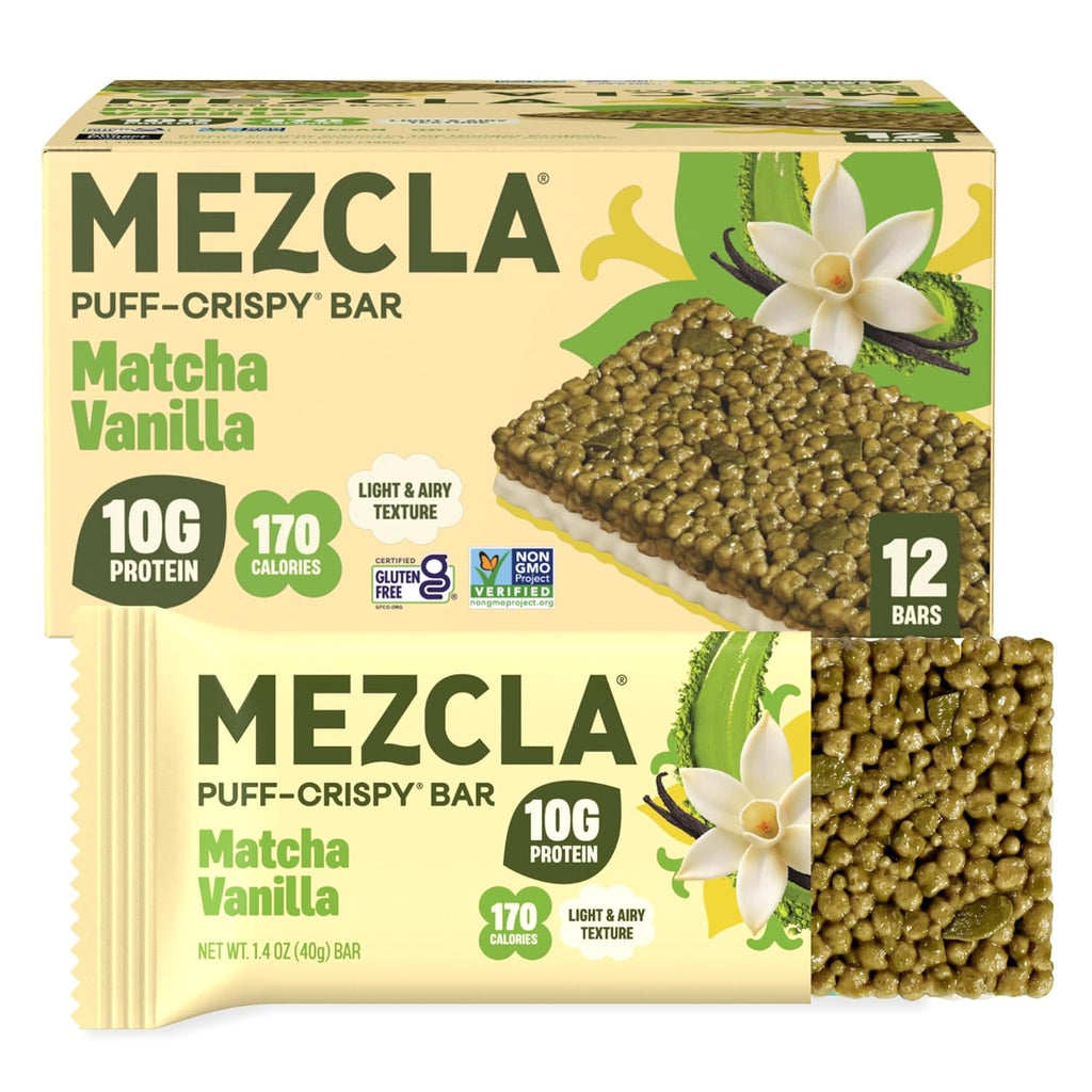 Mezcla Matcha Vanilla Puff Crispy Vegan Bars, 10g Protein, 12 Bars