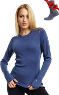 100% Merino Wool Base Layer Women - Long Sleeve Thermal Shirt with Socks