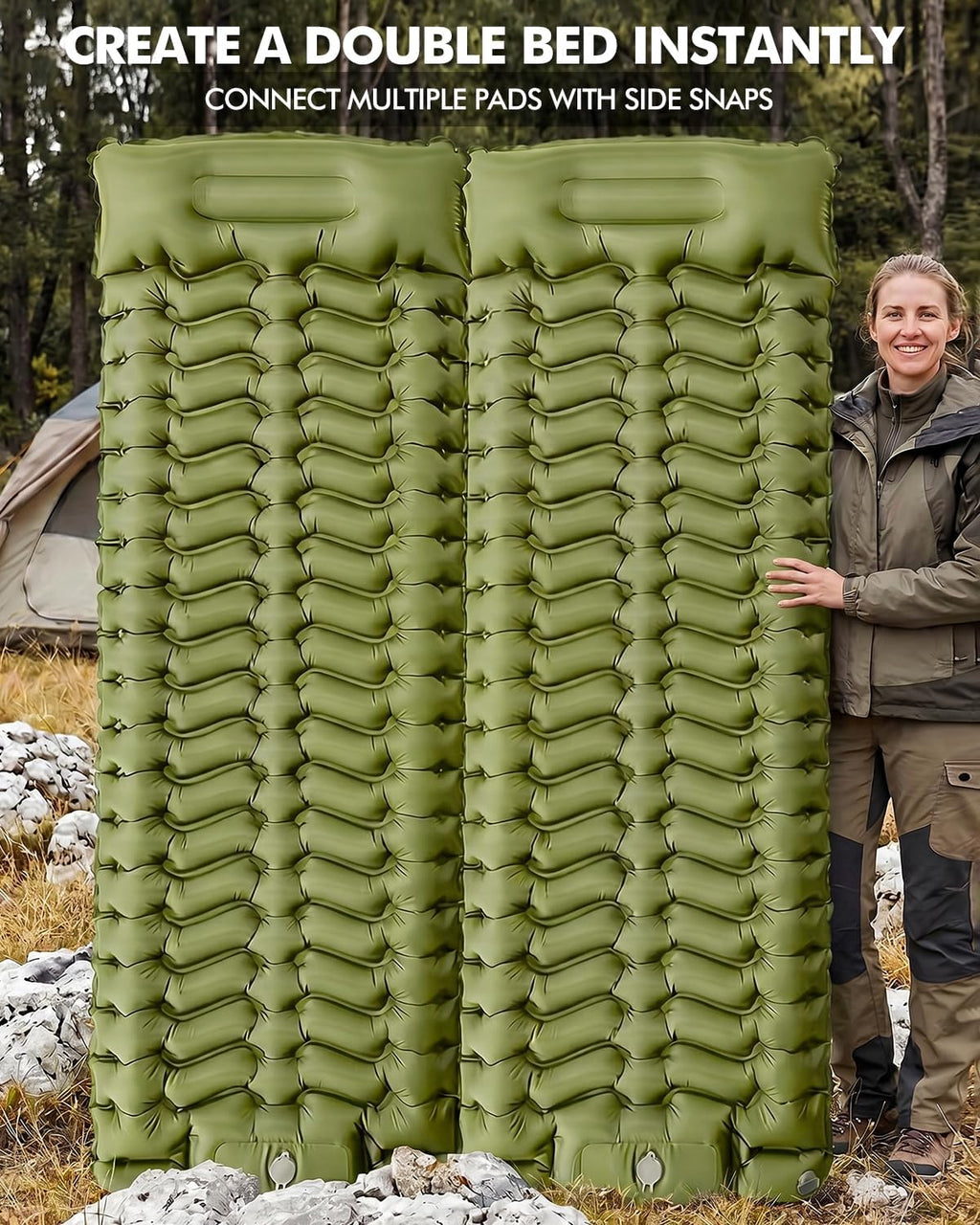 Camping Sleeping Pad, Inflatable Camping Mattress Pad with Built-in Pillow & Foot Pump, 4 Inch Thick Ultralight Sleeping Air Mattress for Backpacking, Hiking, Traveling, Tent Camping - Olive Green