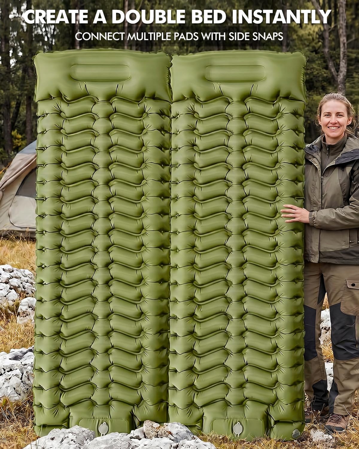 Camping Sleeping Pad, Inflatable Camping Mattress Pad with Built-in Pillow & Foot Pump, 4 Inch Thick Ultralight Sleeping Air Mattress for Backpacking, Hiking, Traveling, Tent Camping - Olive Green