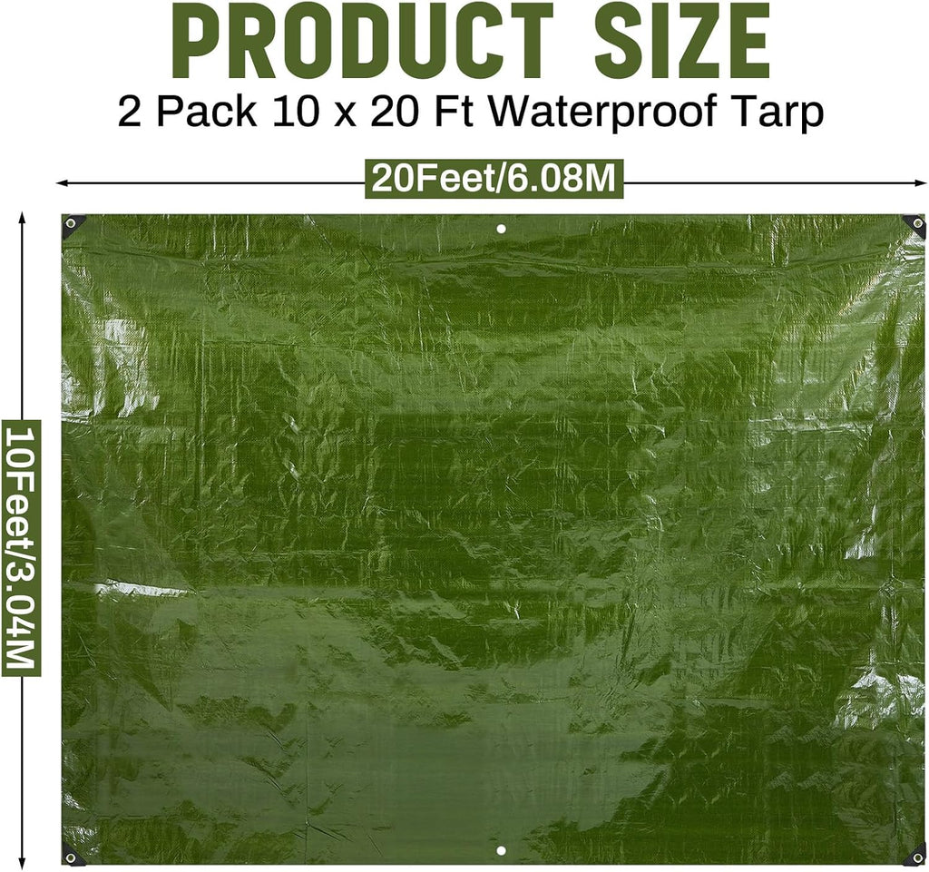 2 Pack 10 x 20 ft Army Green Tarps, 5.5 Mil Heavy Duty Waterproof Tarp