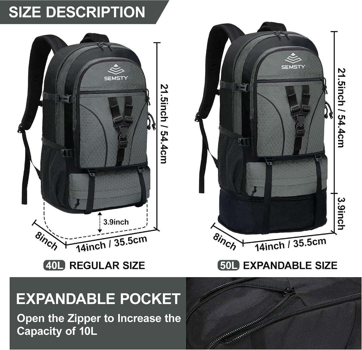 40L/50L Expandable Hiking Backpack for Men & Women，Camping Backpack