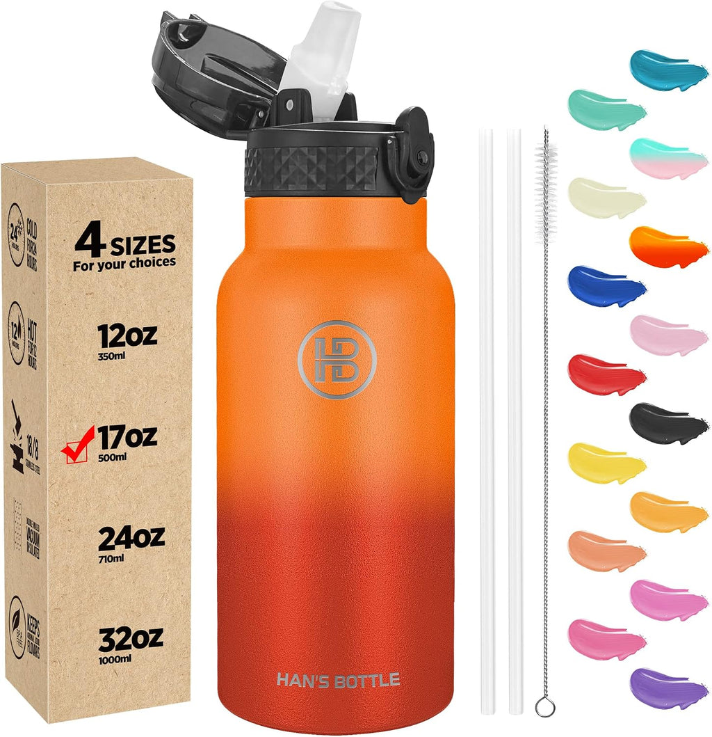 Han's Bottle Kids Water Bottle with Straw Lid - Insulated Stainless Steel Reusable Tumbler for Girls,Boys,Thermo Mug,12oz,Forest Animals