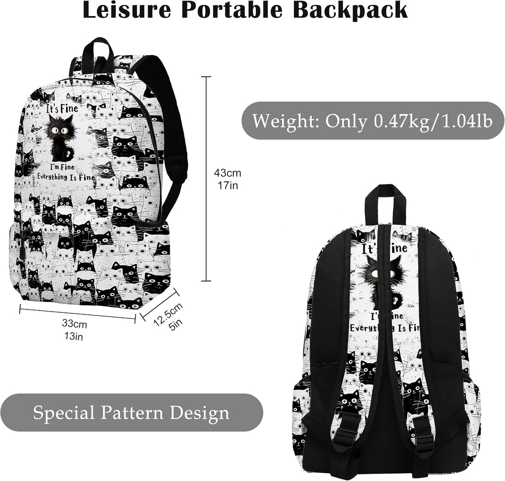 Funny Black Cat School Backpack for Girls Boys Bookbag, 17 Inch Cat Laptop Backpack, Cats Animals Theme Back Pack for School Travel Hiking Camping