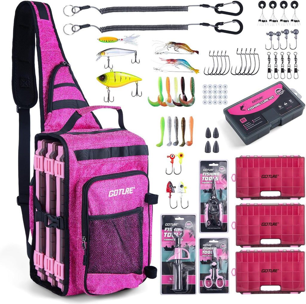 Goture OpenSide Tactical Sling Tackle Bag with 3 Tackle Trays, Lightweight Fishing Backpack Storge Fishing Gear -Shimmering Pink Bag Outdoor,Gift for women