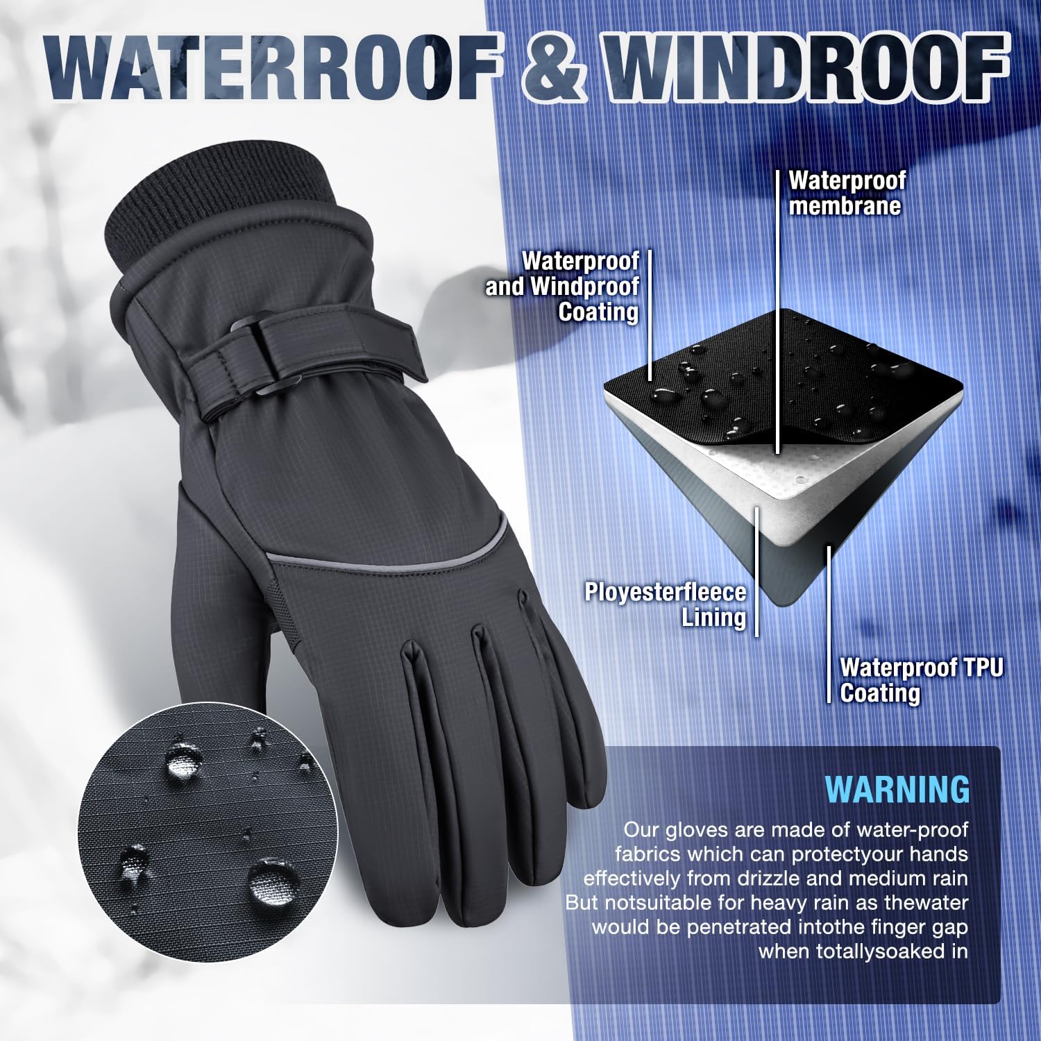 Fratres Winter Ski Gloves for Men and Women,Windproof Cold Weather Thermal with Touchscreen Fingers for Outdoor Sports