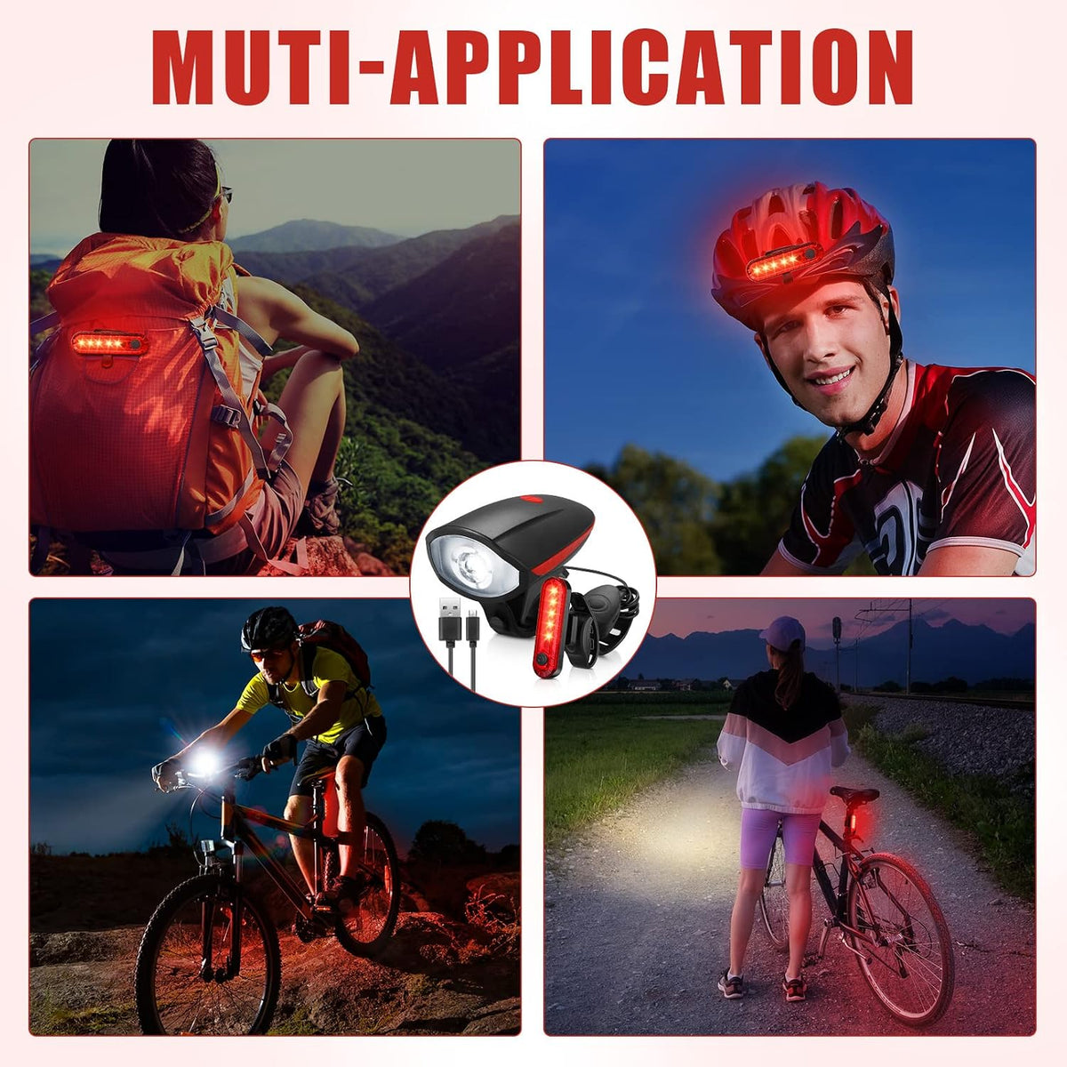 Hanaive 4 Sets Bike Lights for Night Riding with Horn USB Rechargeable LED Bicycle Front 3+4 Modes Headlight Taillight Set Bright Waterproof Accessories for Men Women Road Mountain Bike