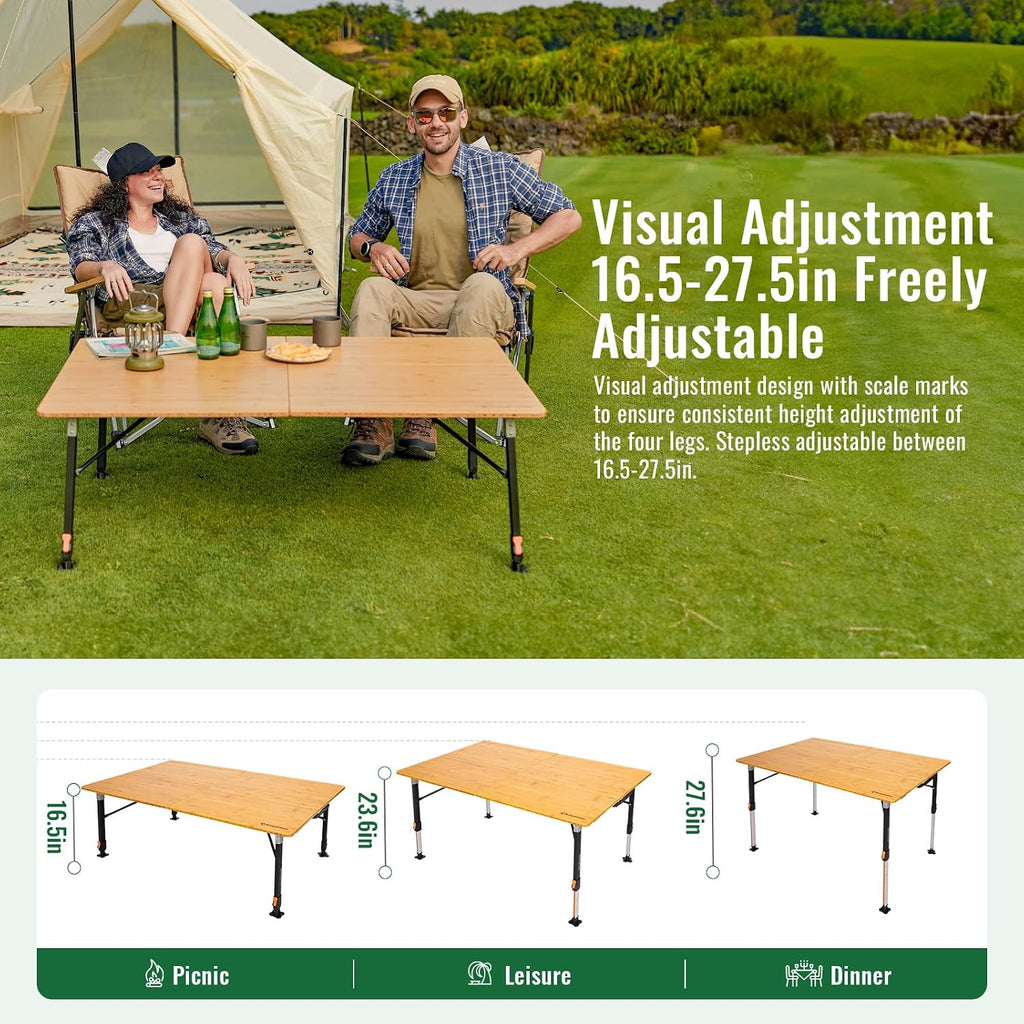KingCamp Bamboo Folding Table with Adjustable Height