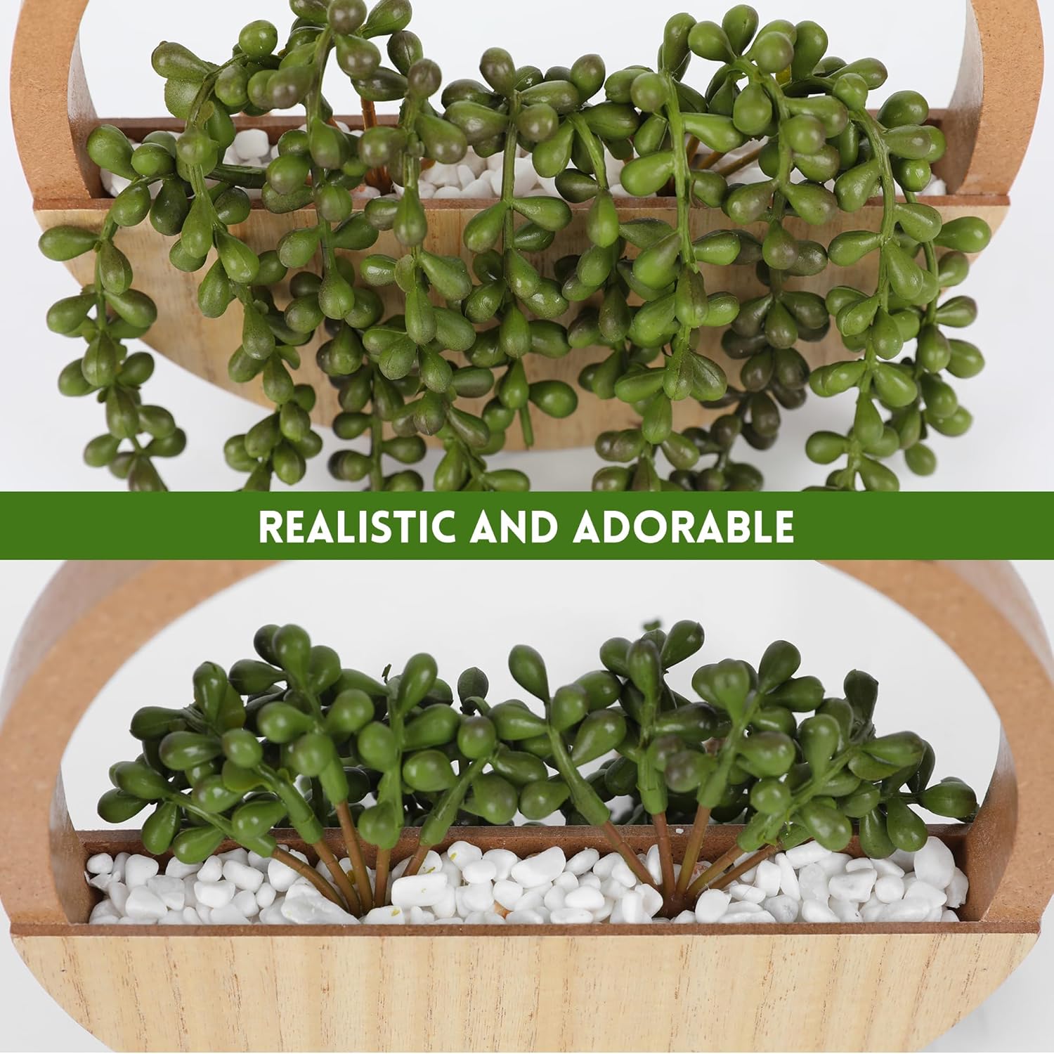 Floweroyal 2pcs Artificial Succulents Hanging Plants 12.2'' Fake String of Pearls in Pot with 8.3'' Lanyard for Indoor Outdoor Wall Decor（Wood Color）.