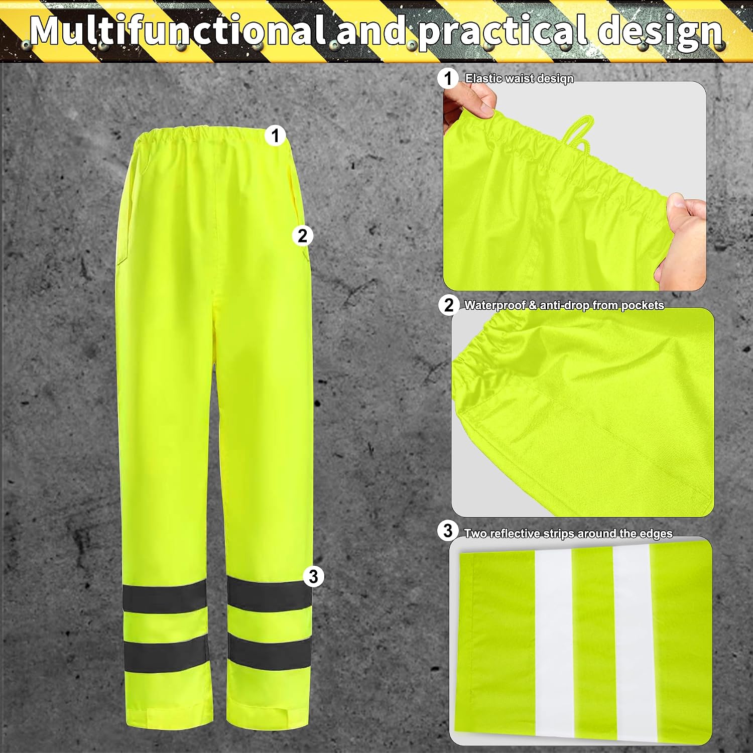 Rain Suits for Men Waterproof，Class 3 Hi Vis Rain Gear with Collapsible Hood， Breathable Safety Rain Jacket with Inner Mesh Lining and pocket，Reflective Waterproof Pants L/XL