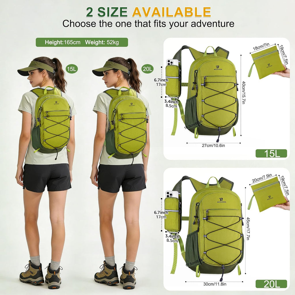 BECOJADDE Hiking Backpack 15L Small Backpack Packable Day pack Water Resistant Lightweight Travel Backpack for Women Men with Shoulder Strap Pockets for Hiking Camping Outdoor, Green
