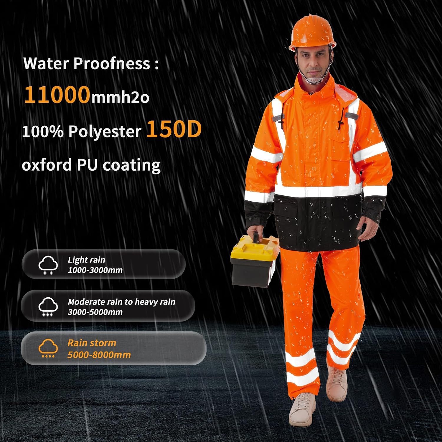 Hi Vis Safety rain Jacket，Reflective Class 3 Rain coat with Inner Mesh Lining and Pockets High Visibility Waterproof work Rain Suits for men&women（Tangerine,4XL/5XL）