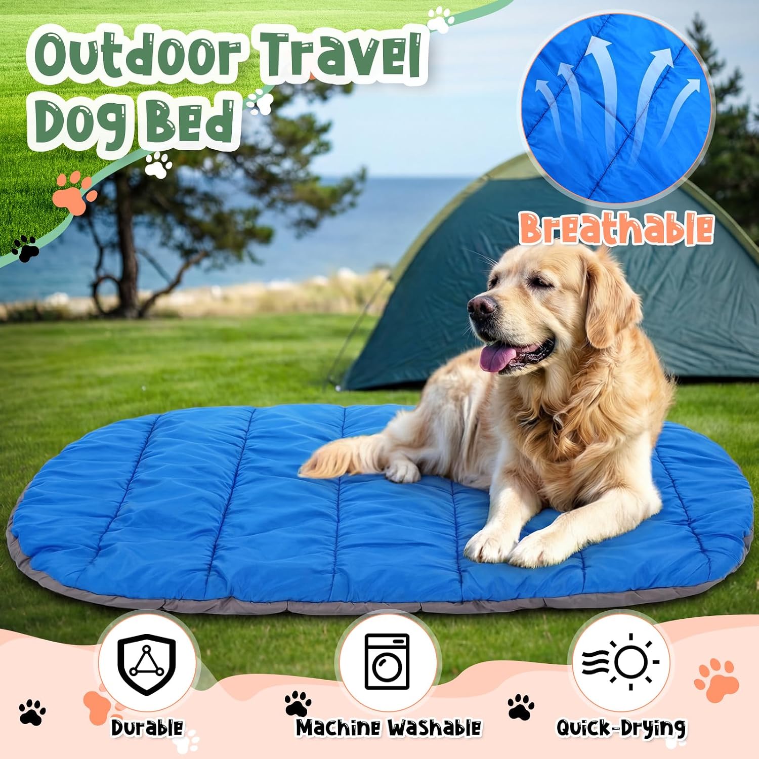 4 Pcs Dog Camping Essentials Set Include 1 Pack 39.4 x 29.5 Inch Foldable Dog Bed 2 Pcs Portable Collapsible Dogs Bowls 1 Pack 50 ft Heavy Duty Pet Tie Out Cable for Camping Travel Outdoor Activities