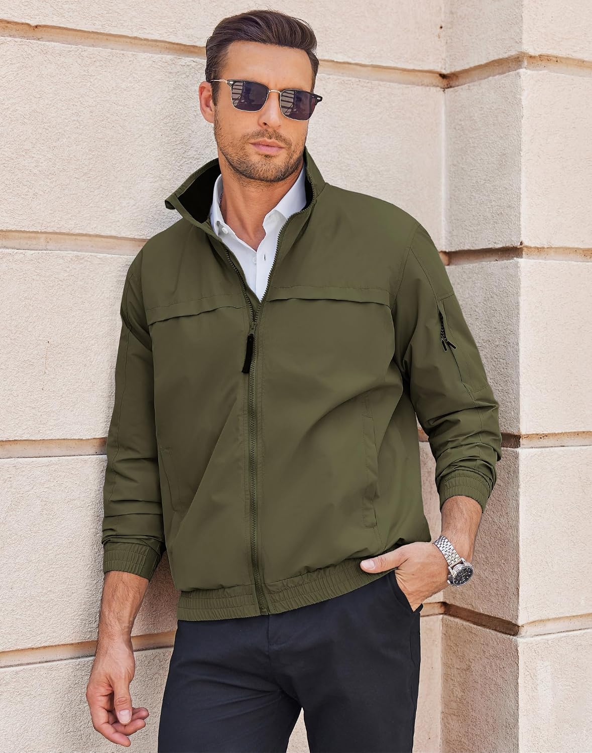 COOFANDY Mens Lightweight Bomber Jackets Stand Collar Windbreaker Softshell Jacket Zip Up Coat for Fall Outdoor