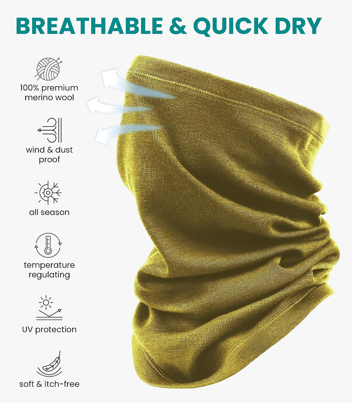 100% Merino Wool Neck Gaiter, 17.5um Face Mask, Unisex Neck Warmer 1-2 Pack
