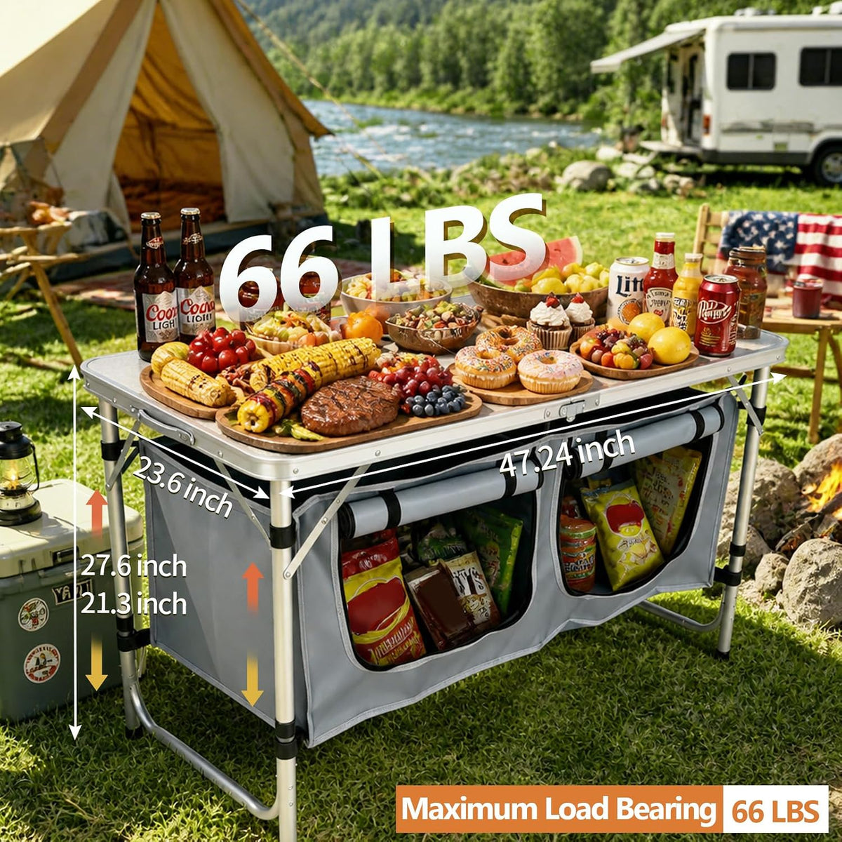 Folding Camping Table, Portable Foldable Camp Table with Large Storage