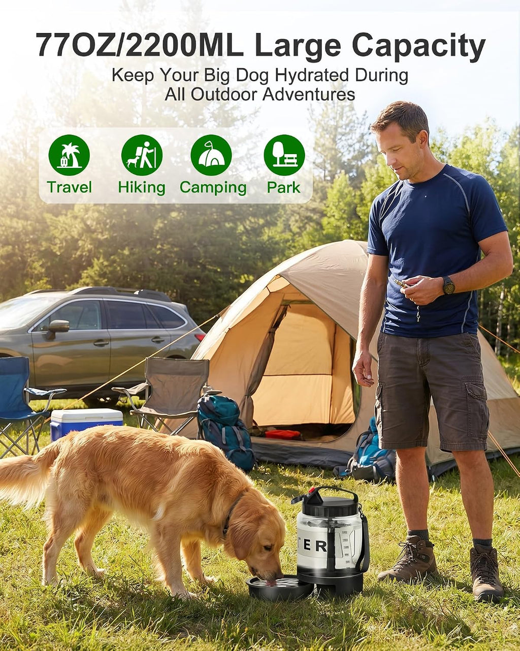 Portable Dog Water Bottle with Bowl, Large 77 oz/2.2 L, Black