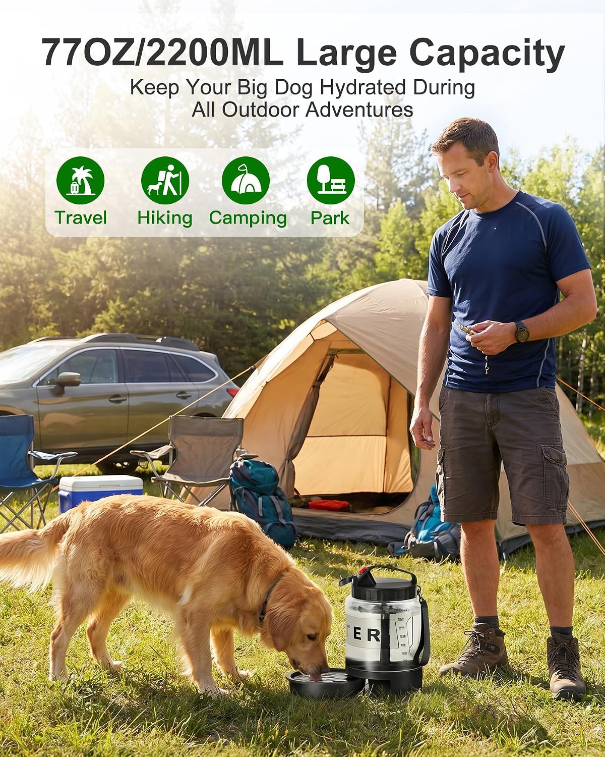 Portable Dog Water Bottle with Bowl, Large 77 oz/2.2 L, Black
