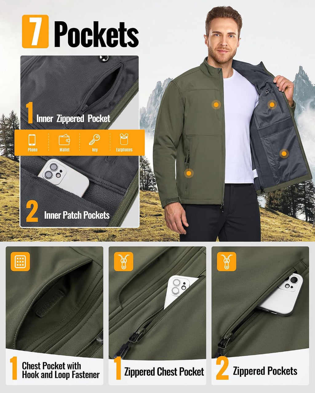 33,000ft Men's Lightweight Softshell Jacket Fleece Waterproof Windbreaker
