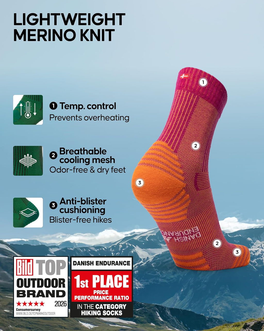 DANISH ENDURANCE Merino Wool Hiking Socks, Lightweight & Breathable