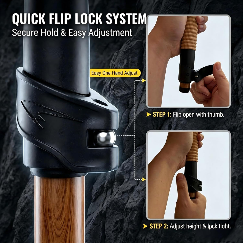 FOREST PILOT 1pc Sassafras Wood Adjustable Walking Stick | Sassafras Wood Material, 3pcs Detachable Flip Lock, All Terrain Accessories, Storage pouch
