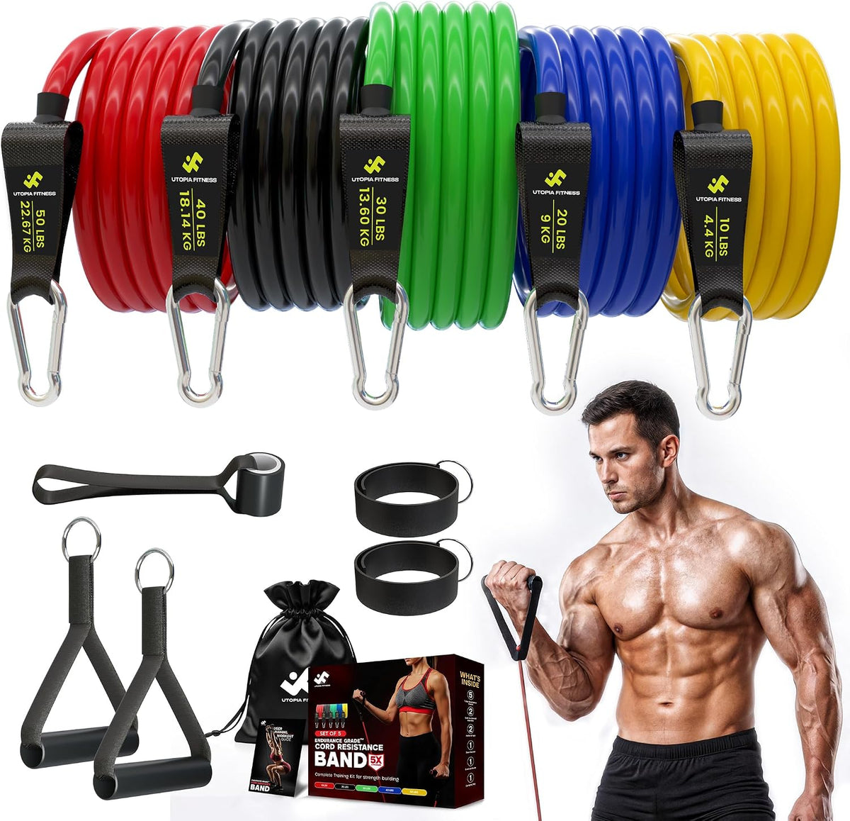 Resistance Bands with Handles 10–150 lbs, Home Gym Exercise Bands Set