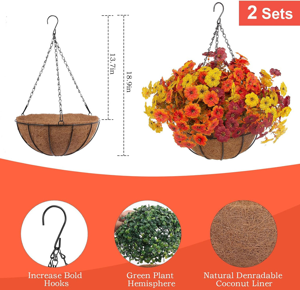 Hananona 2 Set Artificial Outdoor Fall Flowers with Hanging Basket, 2 Packs Hanging Planters with 24 Pcs Faux Fall Mums for Autumn Front Porch Garden Patio Home Decor (2, Orange,Yellow,Burgundy)