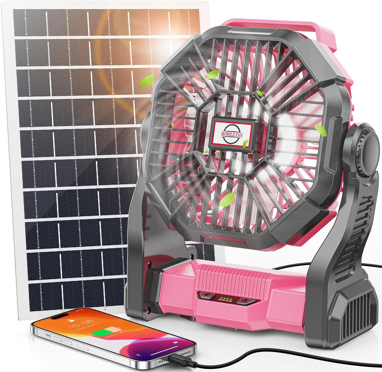 Solar Fan with LED Lantern, 10W Solar Panel Rechargeable Battery Powered Camping Fan for Outside, Portable Battery Operated Hurricane Supplies for Picnic, Barbecue, Fishing, Travel, 16-64Hrs Runtime