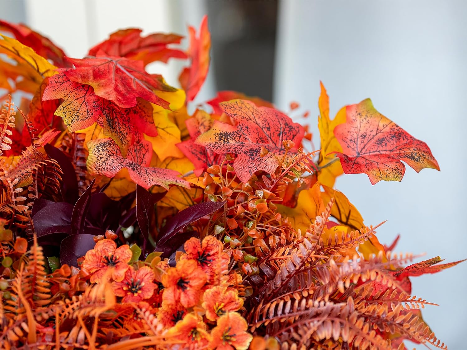 24PCS Artificial Fall Flowers Outdoors, Faux Maples & Mums for Outside