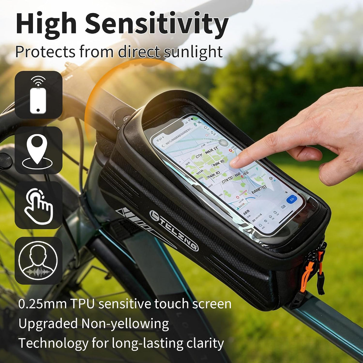 Bike Phone Bag with TPU Sensitive Touch, Waterproof Top Tube Bicycle Front Frame Bag, 1.9L Large Capacity EVA Hard Shell Mount Bike Phone Holder Bag Under 7", Handlebar Bag Bike Accessories