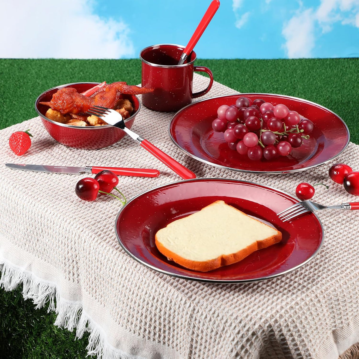 Nuogo 24 Pcs Camping Dinnerware Enamel Mugs Plates Bowls Utensils, Red