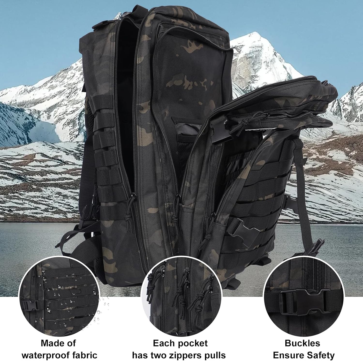 50L Large Military Tactical Backpack Molle Army Assault Pack for Travel Camping Hiking Fishing Backpack for men (black camo)