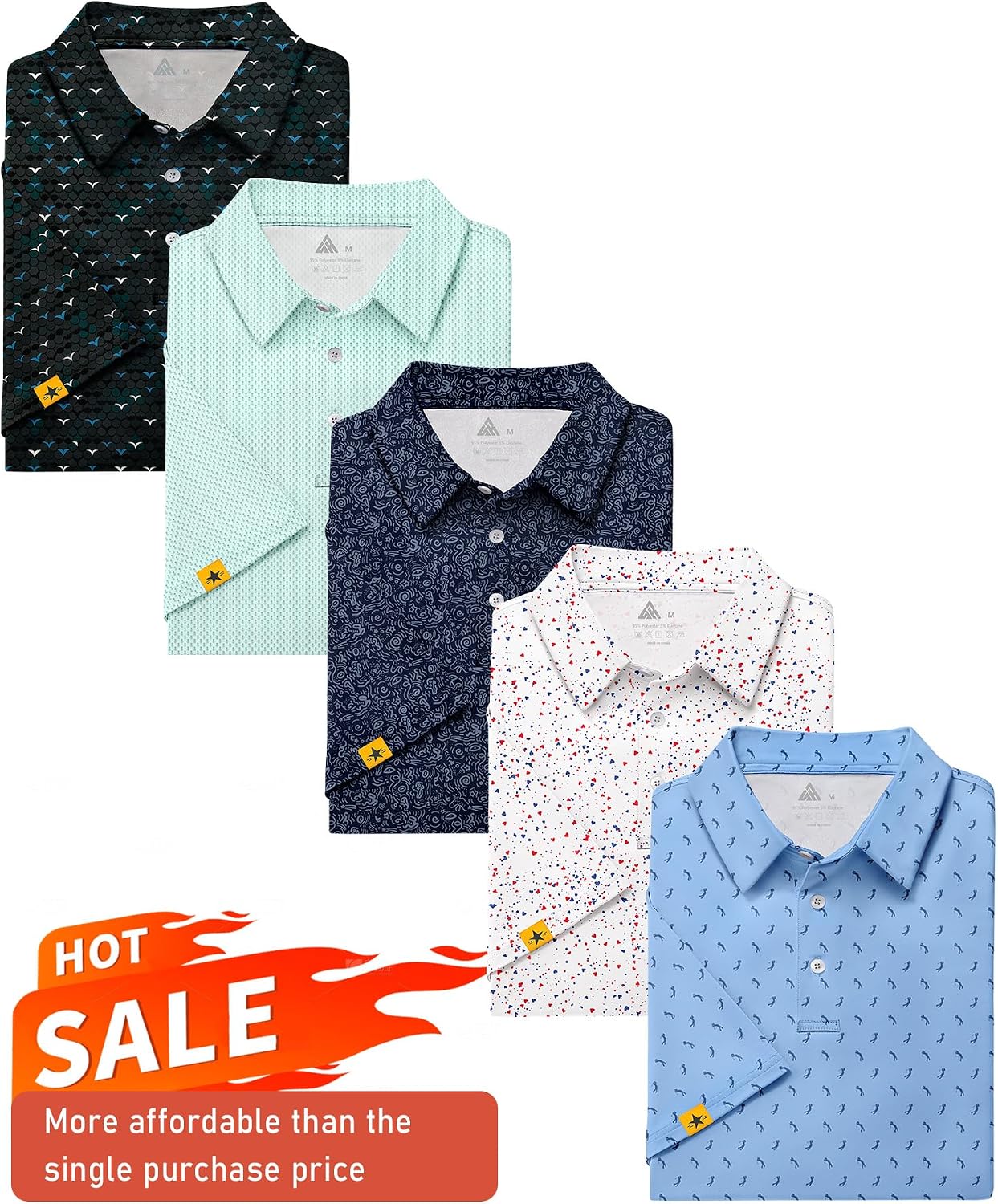 ZITY 5 Pack Mens Golf Shirt Short Sleeve UPF 50+ Print Patterns Casual Polo