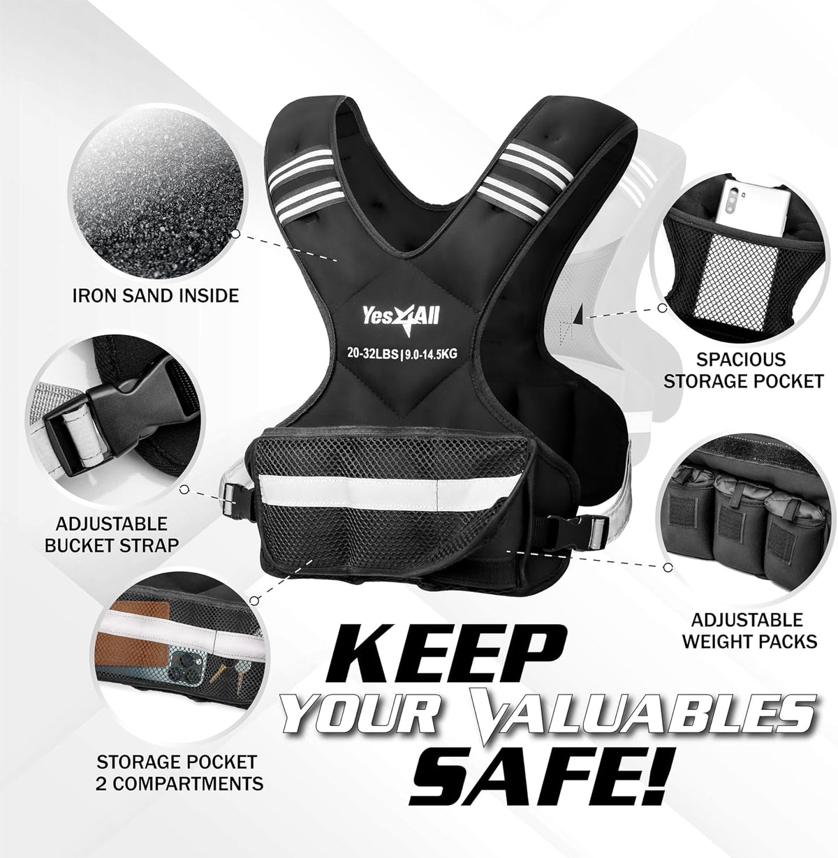Yes4All Adjustable Weighted Vest with Reflective Strip