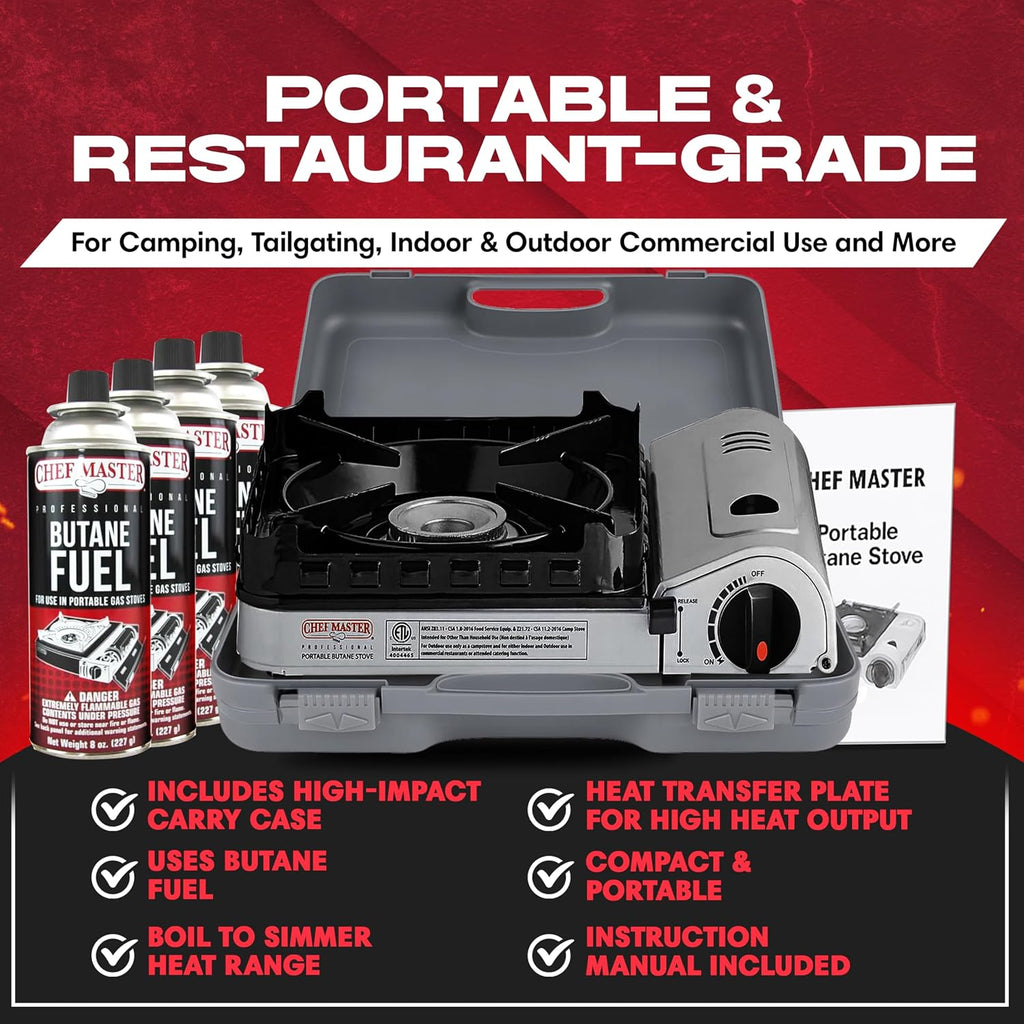 Chef Master Portable Butane Camping Stove, Backpacking Burner, 15,000 BTU