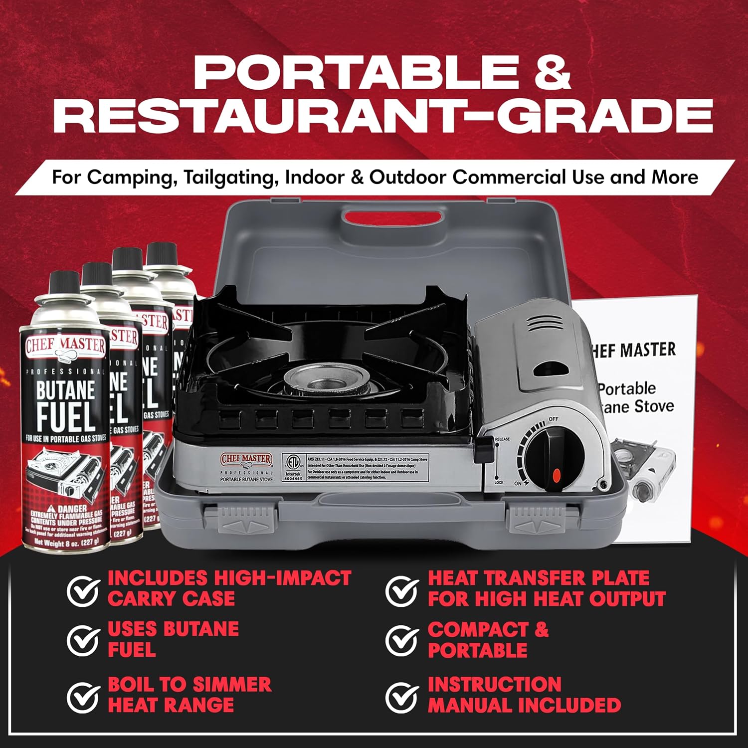 Chef Master Portable Butane Camping Stove, Backpacking Burner, 15,000 BTU