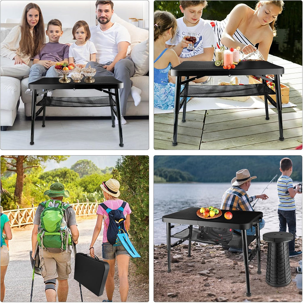 Folding Table and Stool, Small, Black, 4 Foot Outdoor Portable Table, Adjustable Height, Camping, Picnic, RV Table, 55lbs Load-Bearing, Lightweight