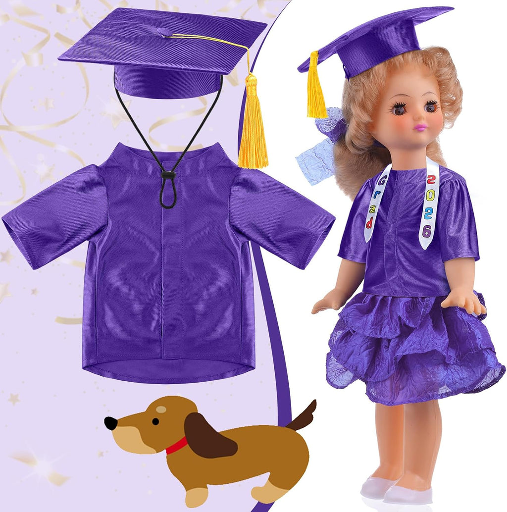 Chicingyou Small Dog Graduation Cap and Gown 2026 with Stole Washable Shirt and Hat Pet Graduation Gown Costume Outfit for Tiny Dog Little Cat Doll Clothes Holiday Halloween Costume Accessory(Purple)